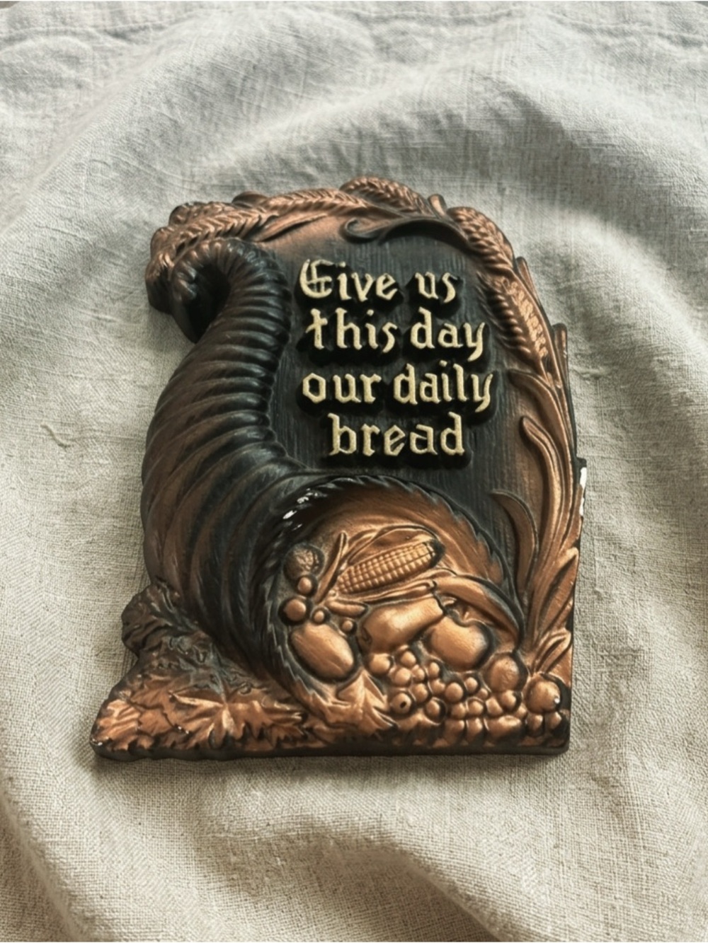 Vintage Cornucopia Wall Plaque "Give us this day our daily bread" - Copper Tone